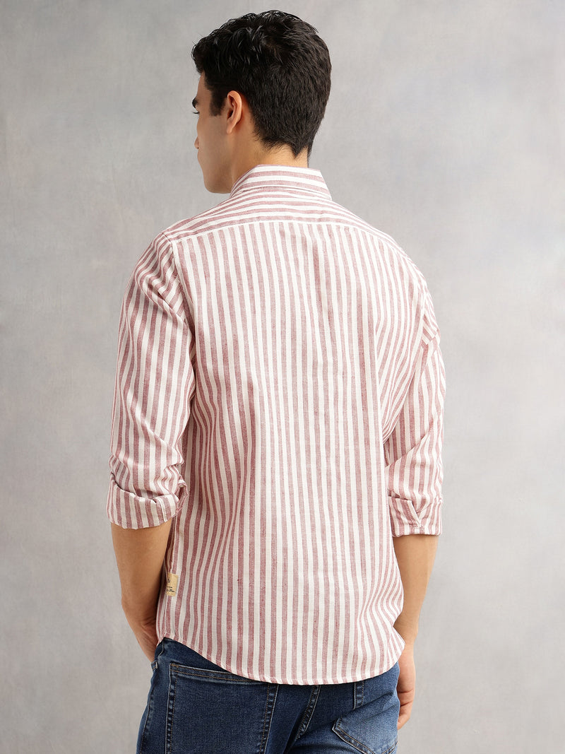 Thomas Scott Men Maroon Slim Fit Long Sleeves Spread Collar Vertical Stripes Linen Casual Shirt