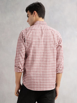 Thomas Scott Men Maroon Slim Fit Long Sleeves Spread Collar Tartan Checks Linen Casual Shirt