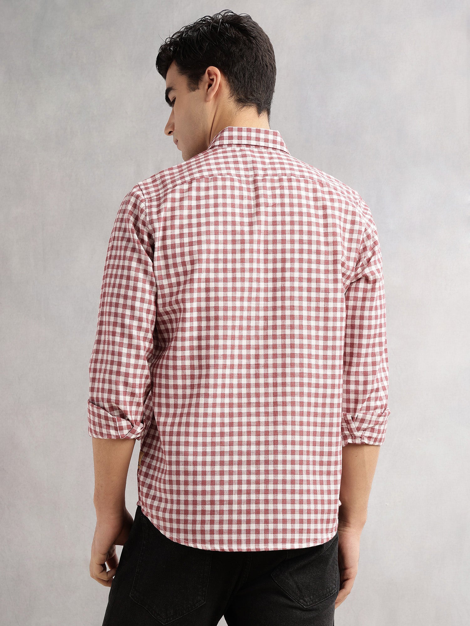 Thomas Scott Men Maroon Slim Fit Long Sleeves Spread Collar Tartan Checks Linen Casual Shirt