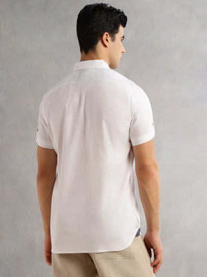 White Regular Fit Short Sleeves Spread Collar 100% Cotton Casual Shirt For Men