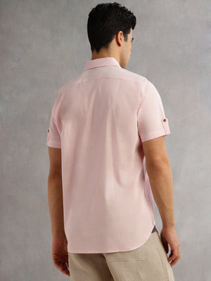Thomas Scott Men Pink Regular Fit Short Sleeves Spread Collar 100% Cotton Casual Shirt