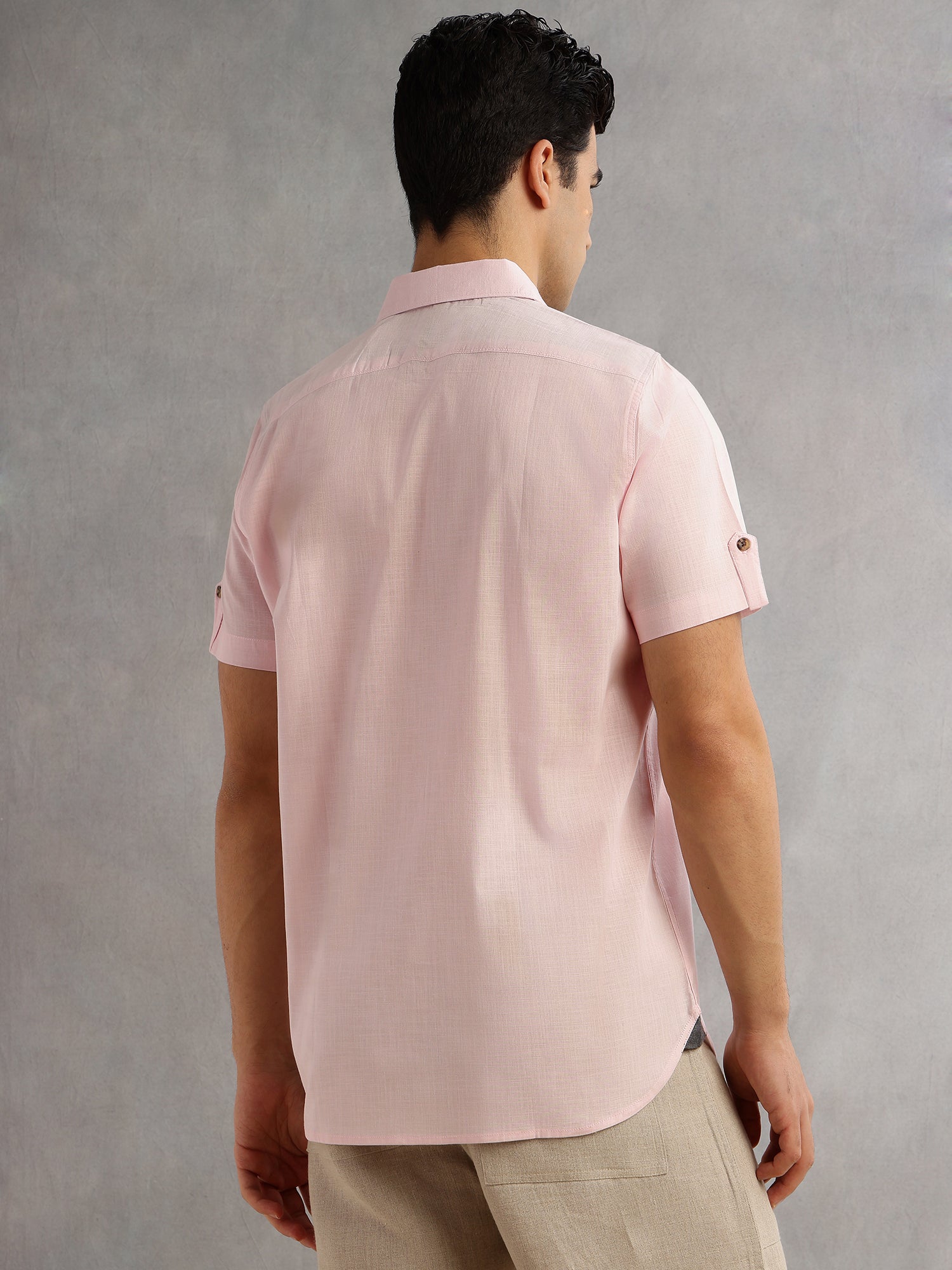 Thomas Scott Men Pink Regular Fit Short Sleeves Spread Collar 100% Cotton Casual Shirt