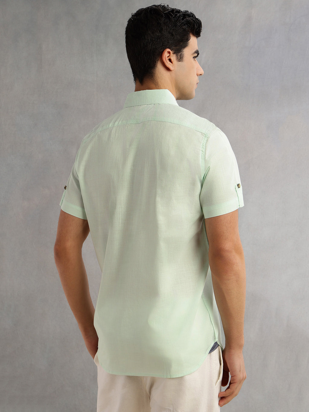 Thomas Scott Men Lime Green Regular Fit Short Sleeves Spread Collar 100% Cotton Casual Shirt