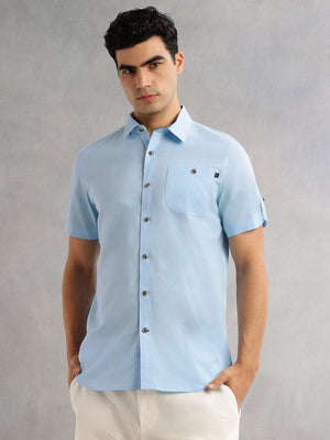 Blue Regular Fit Short Sleeves Spread Collar 100% Cotton Casual Shirt For Men