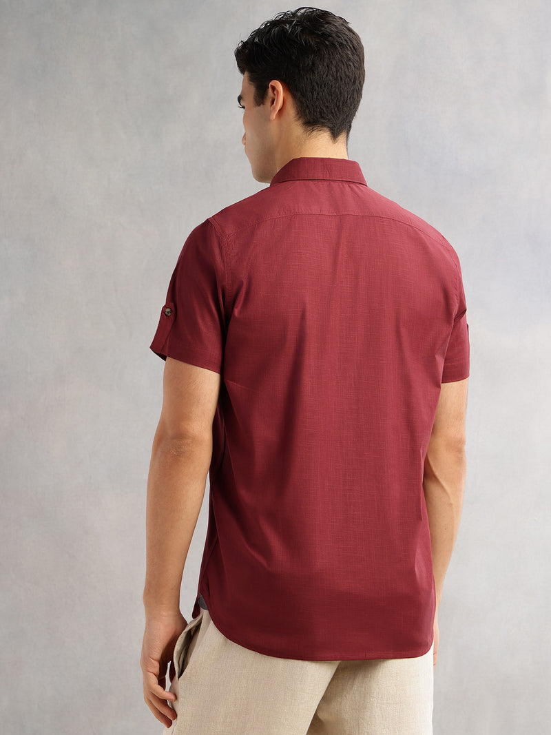 Thomas Scott Men Maroon Regular Fit Short Sleeves Spread Collar 100% Cotton Casual Shirt