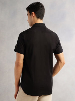 Black Regular Fit Short Sleeves Spread Collar 100% Cotton Casual Shirt For Men