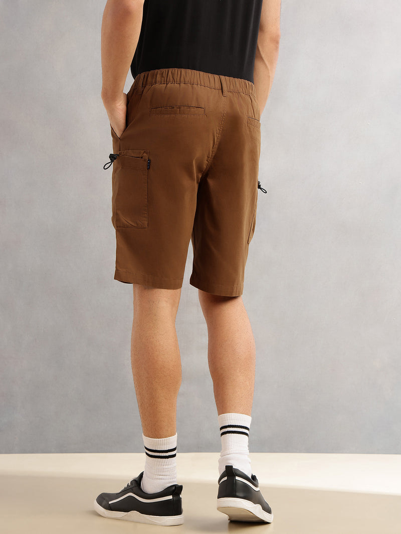 Thomas Scott Men Brown Relaxed Fit Mid-Rise Solid 100% Cotton Woven Cargo Shorts