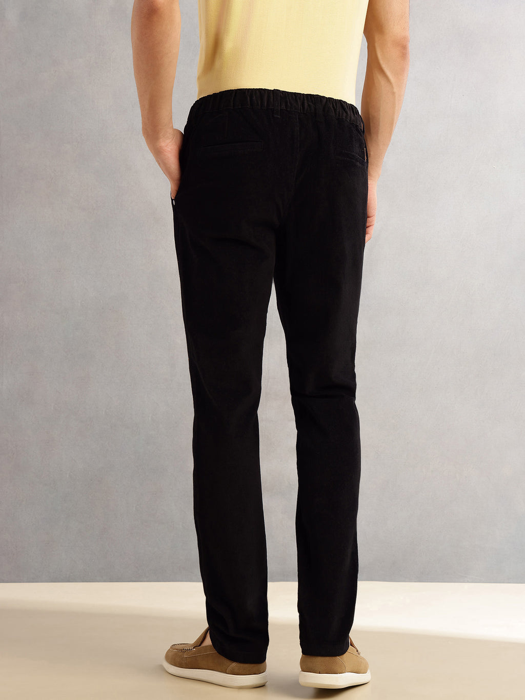 Thomas Scott Men Black Regular Fit Mid-Rise 4 Pockets Woven Corduroy Trouser