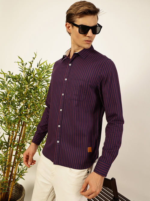 Thomas Scott Men Purple Slim Fit Long Sleeves Spread Collar Pinstripes Cotton Casual Shirt