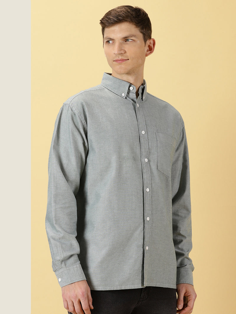 Thomas Scott Men Olive Boxy Fit Long Sleeves Spread Collar Solid 100% Cotton Oxford Casual Shirt