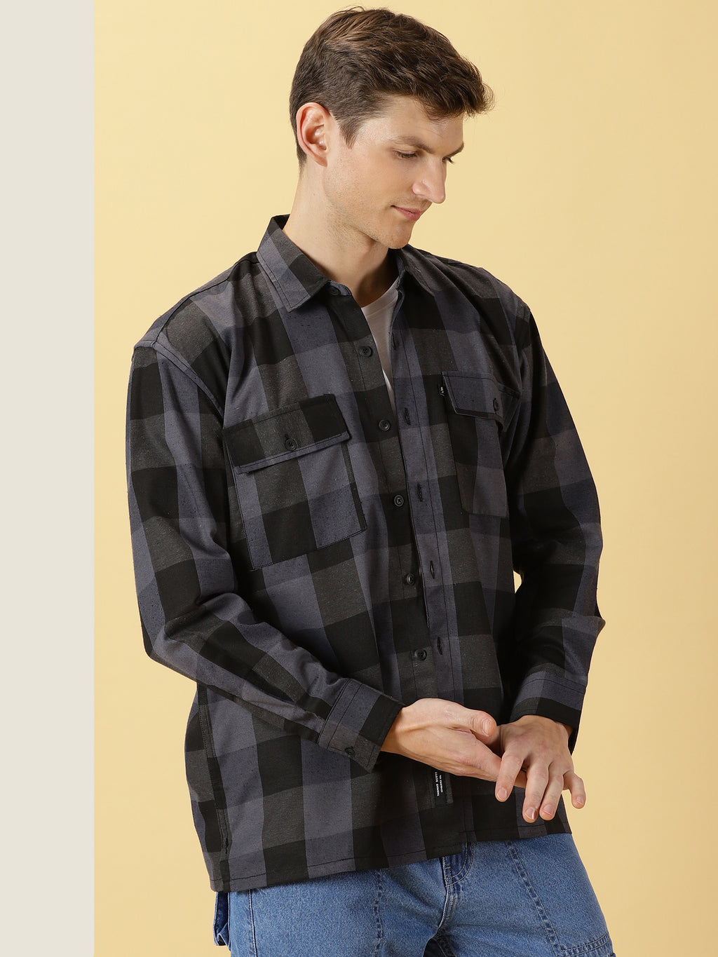 Thomas Scott Men Grey Regular Fit Long Sleeves Buffalo Checked 2 Flap Pockets Twill Cotton Shirt