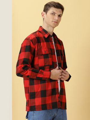 Thomas Scott Men Red Regular Fit Long Sleeves Buffalo Checked 2 Flap Pockets Twill Cotton Shirt
