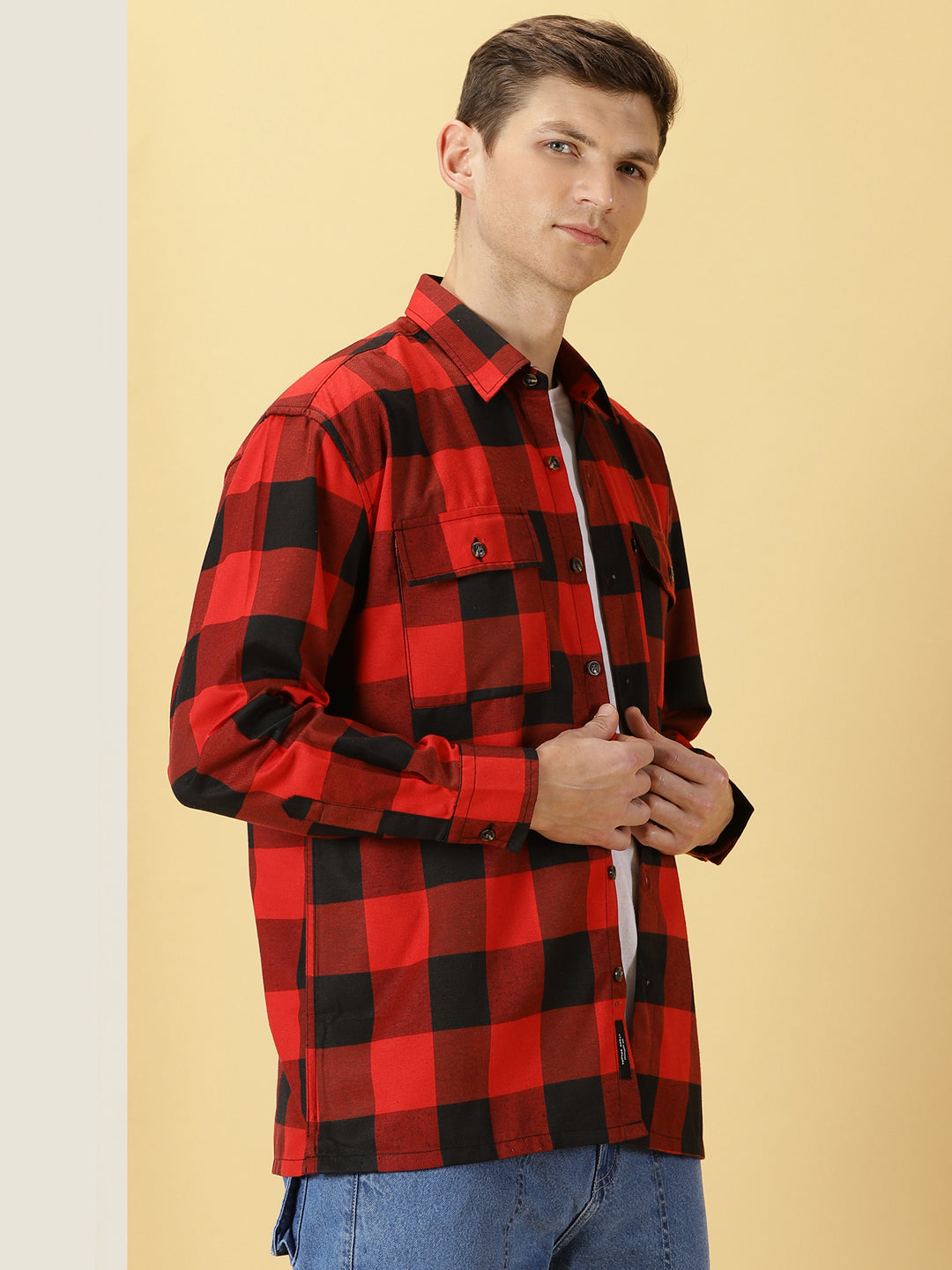 Thomas Scott Men Red Regular Fit Long Sleeves Buffalo Checked 2 Flap Pockets Twill Cotton Shirt