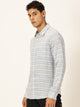 Blue Slim Fit Long Sleeves Spread Collar Horizontal Stripes Linen Casual Shirt For Men