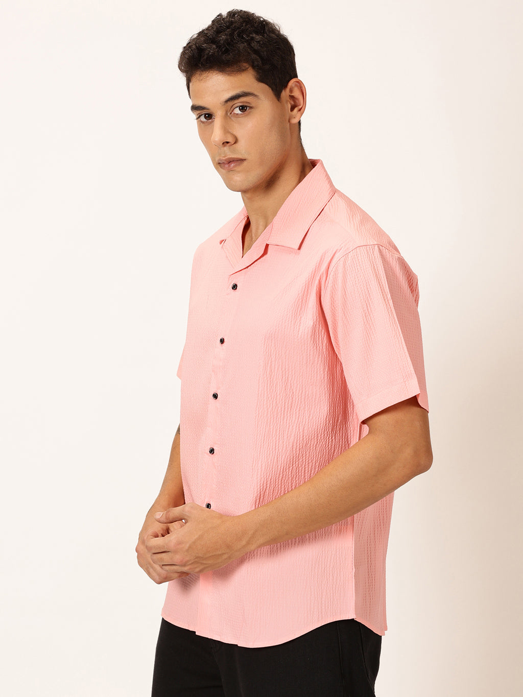Thomas Scott Men Pink Slim Fit Textured Short Sleeves Cuban Collar Casual Shirt