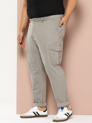 Grey Cricket Club Plus Size Regular Fit Mid-Rise Solid Woven Cargo Trouser For Men