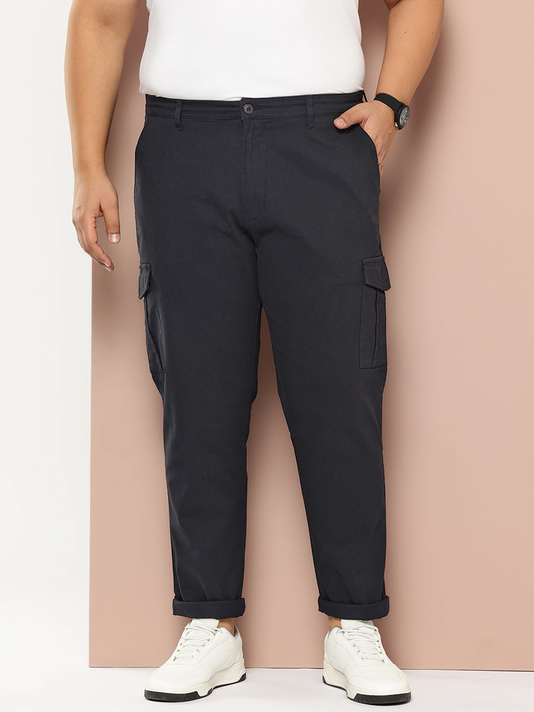 Thomas Scott Men Navy Cricket Club Plus Size Regular Fit Mid-Rise Solid Woven Cargo Trouser