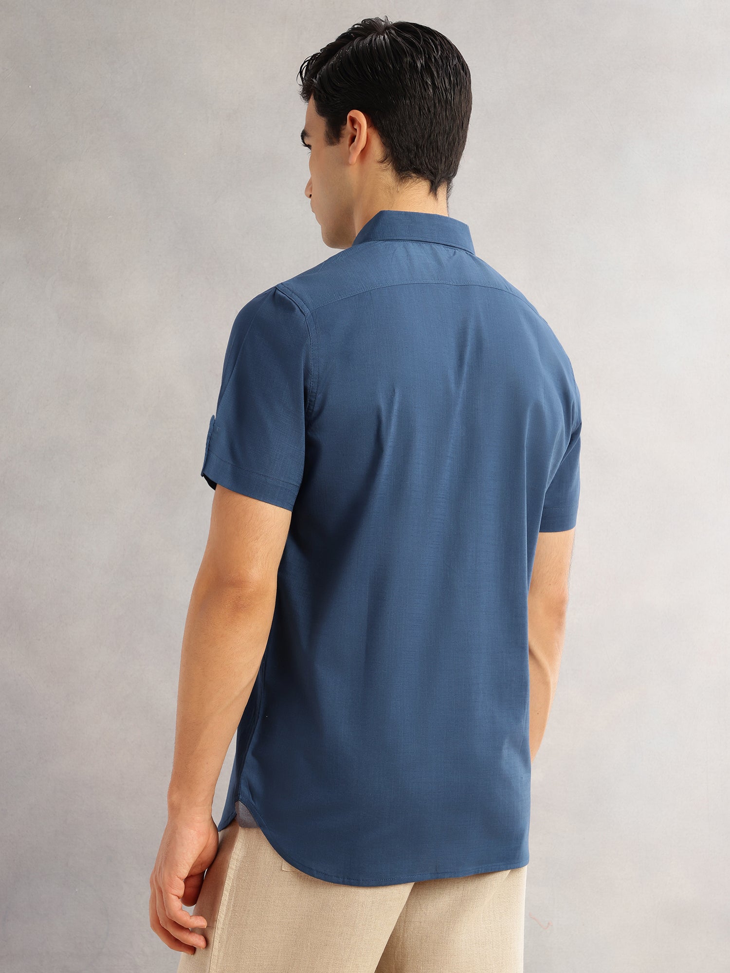 Thomas Scott Men Teal Regular Fit Short Sleeves Spread Collar 100% Cotton Casual Shirt