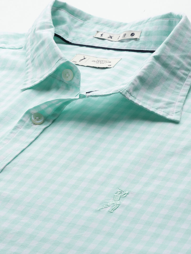 Thomas Scott Men Aqua Cricket Club Plus Size Regular Fit Long Sleeves Spread Collar Gingham Checks 100% Cotton Casual Shirt
