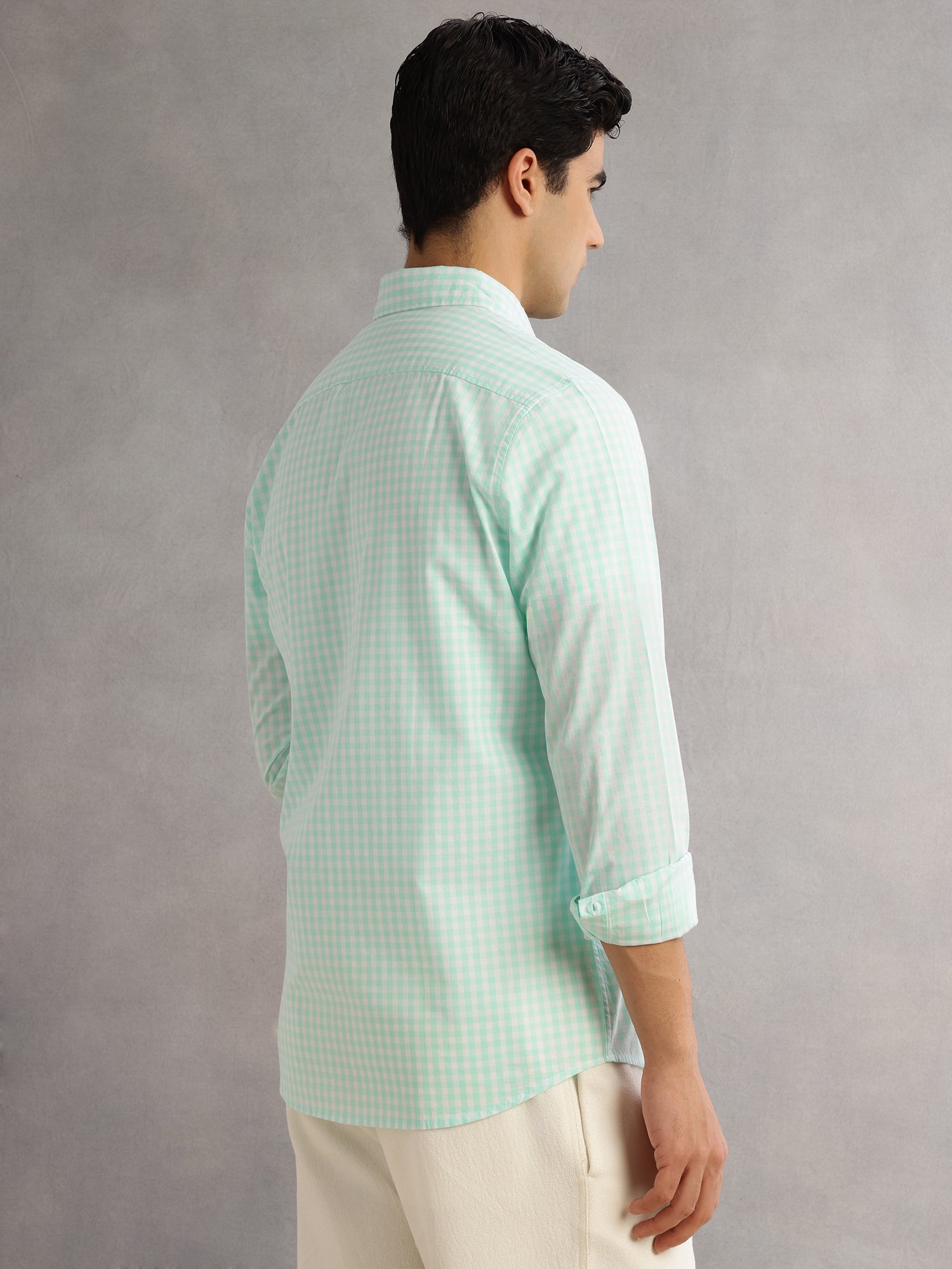 Thomas Scott Men Aqua Cricket Club Slim Fit Long Sleeves Spread Collar Gingham Checks 100% Cotton Casual Shirt