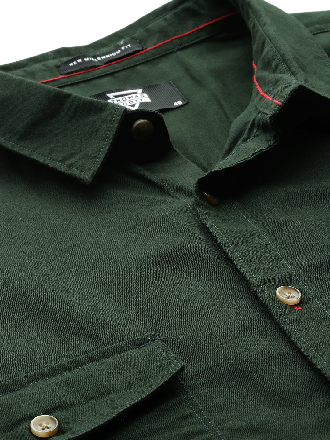 Thomas Scott Men Bottle Green Plus Size Long Sleeves Spread Collar Solid 100% Cotton Casual Shirt