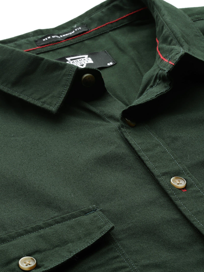 Thomas Scott Men Bottle Green Plus Size Long Sleeves Spread Collar Solid 100% Cotton Casual Shirt
