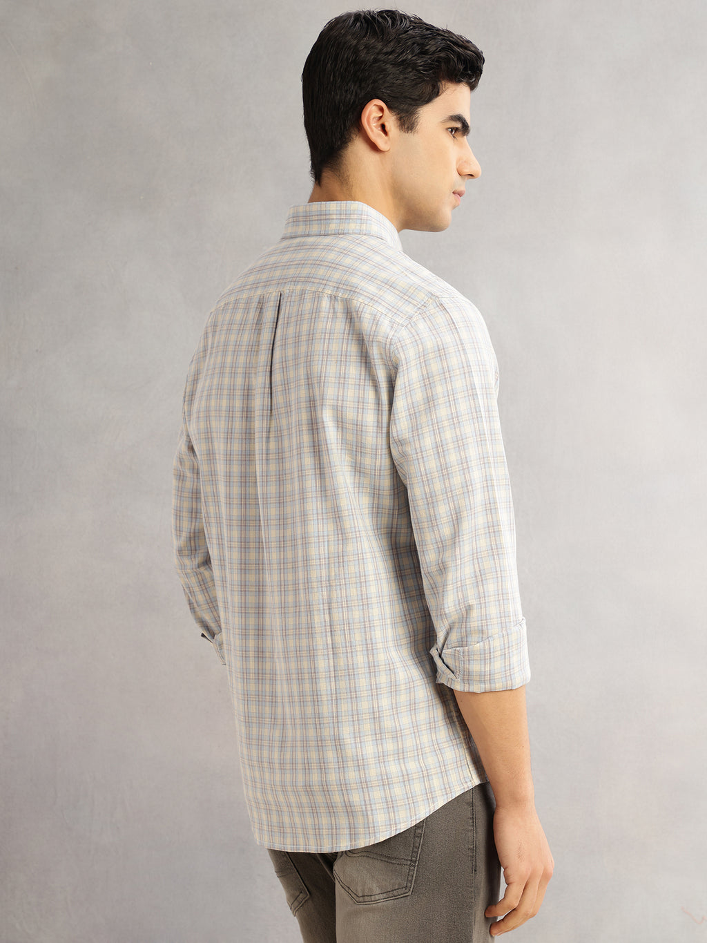 Thomas Scott Men Aqua Cricket Club Slim Fit Long Sleeves Button-Down Collar Tartan Checks Cotton Linen Casual Shirt