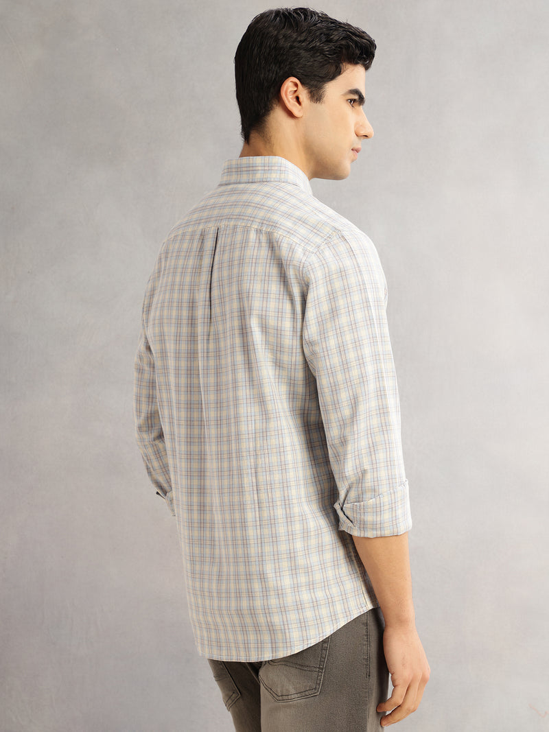Thomas Scott Men Aqua Cricket Club Slim Fit Long Sleeves Button-Down Collar Tartan Checks Cotton Linen Casual Shirt