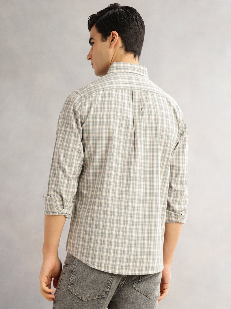 Thomas Scott Men Grey Cricket Club Slim Fit Long Sleeves Button-Down Collar Tartan Checks Cotton Linen Casual Shirt