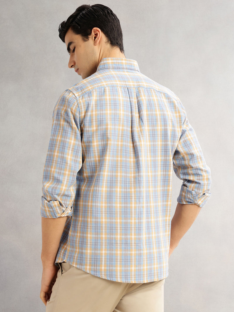Thomas Scott Men Blue Cricket Club Slim Fit Long Sleeves Button-Down Collar Graphic Checks Cotton Linen Casual Shirt