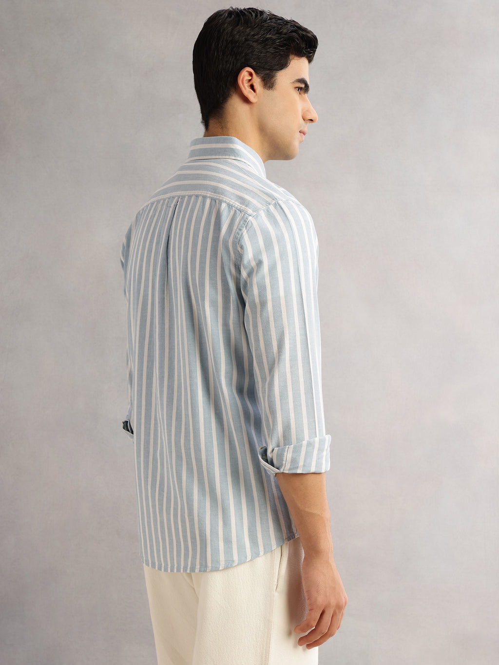 Thomas Scott Men Blue Cricket Club Slim Fit Long Sleeves Button-Down Collar Vertical Stripes Cotton Linen Casual Shirt