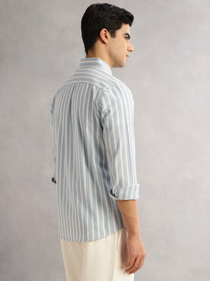 Thomas Scott Men Blue Cricket Club Slim Fit Long Sleeves Button-Down Collar Vertical Stripes Cotton Linen Casual Shirt