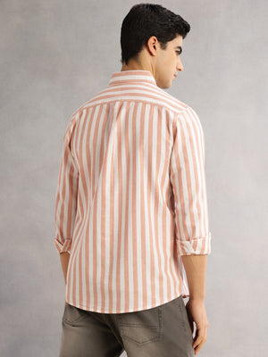 Thomas Scott Men Peach Cricket Club Slim Fit Long Sleeves Button-Down Collar Vertical Stripes Cotton Linen Casual Shirt