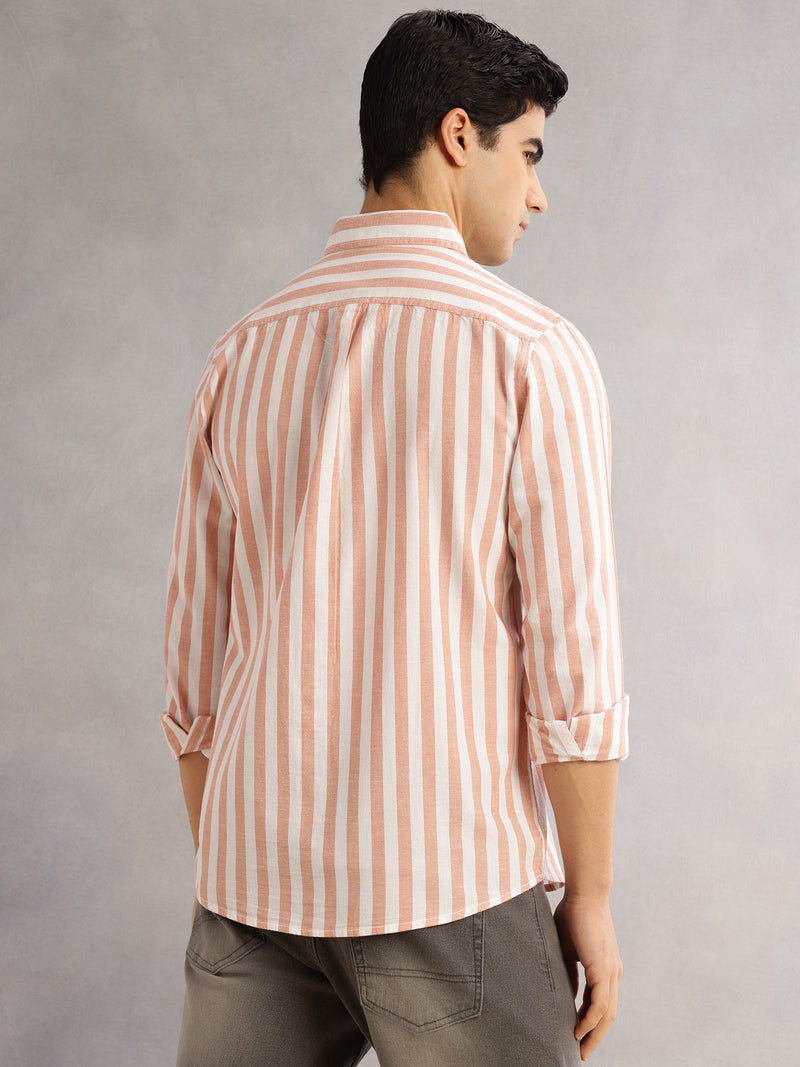Thomas Scott Men Peach Cricket Club Slim Fit Long Sleeves Button-Down Collar Vertical Stripes Cotton Linen Casual Shirt