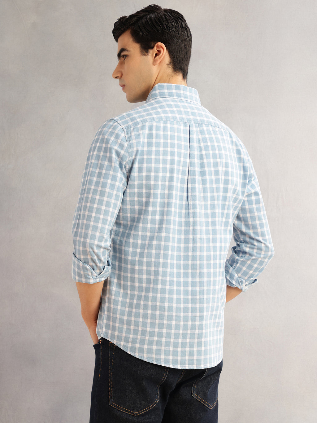 Thomas Scott Men Blue Cricket Club Slim Fit Long Sleeves Button-Down Collar Gingham Checks Cotton Linen Casual Shirt