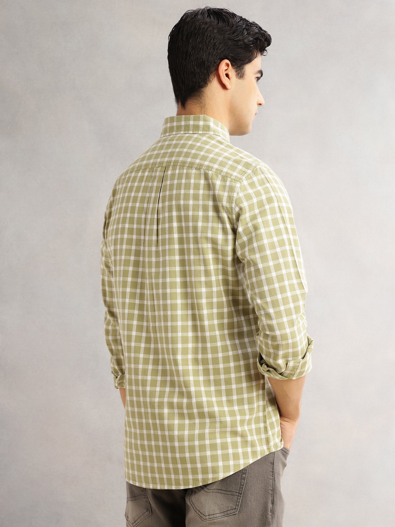 Thomas Scott Men Olive Cricket Club Slim Fit Long Sleeves Button-Down Collar Gingham Checks Cotton Linen Casual Shirt