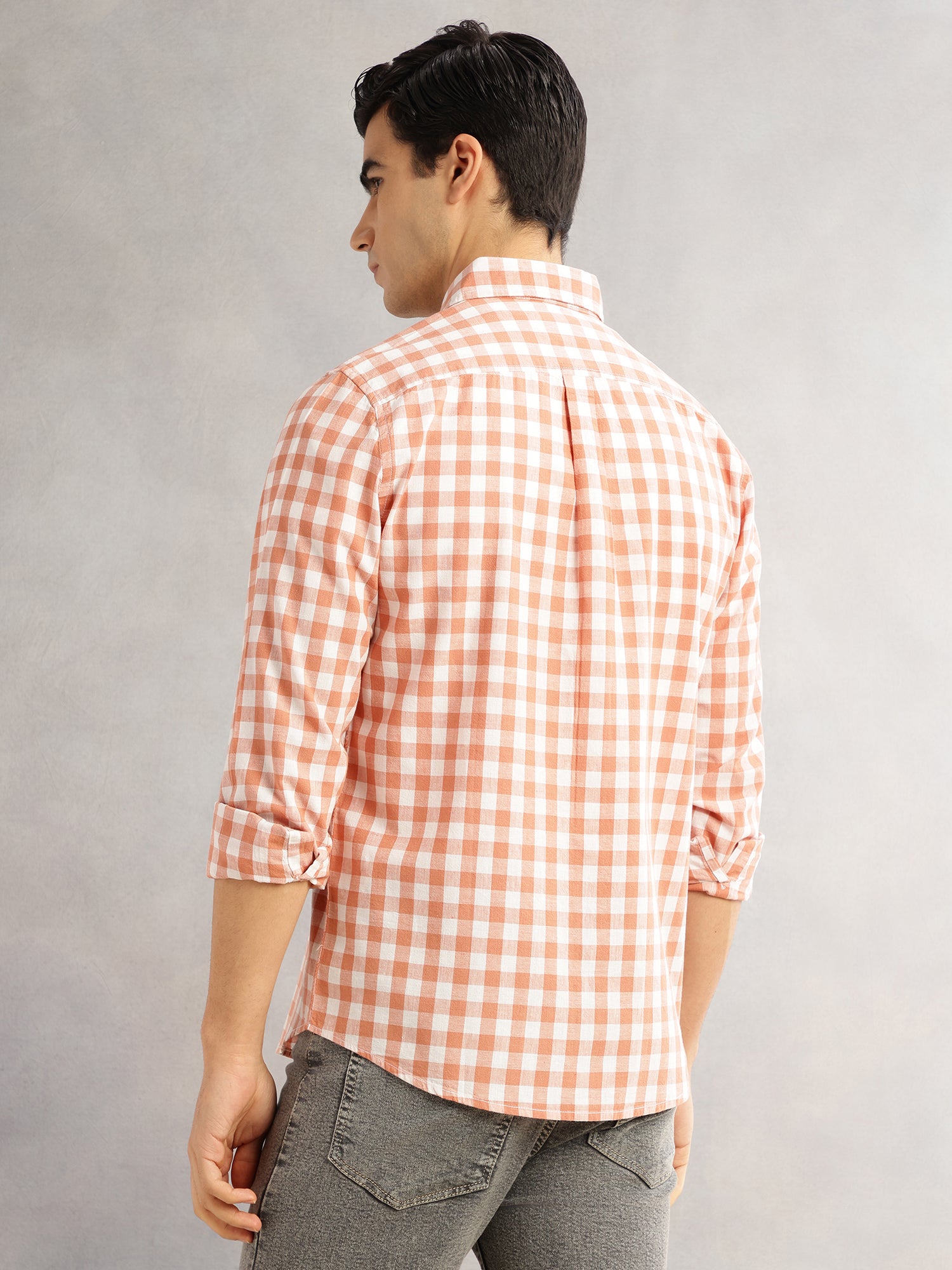 Thomas Scott Men Peach Cricket Club Slim Fit Long Sleeves Button-Down Collar Gingham Checks Cotton Linen Casual Shirt