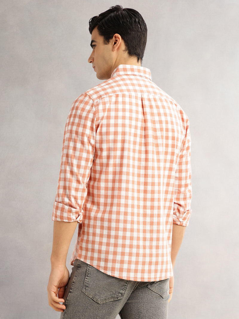 Thomas Scott Men Peach Cricket Club Slim Fit Long Sleeves Button-Down Collar Gingham Checks Cotton Linen Casual Shirt