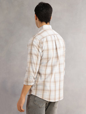 Thomas Scott Men Beige Cricket Club Slim Fit Long Sleeves Button-Down Collar Windowpane Checks 100% Cotton Casual Shirt