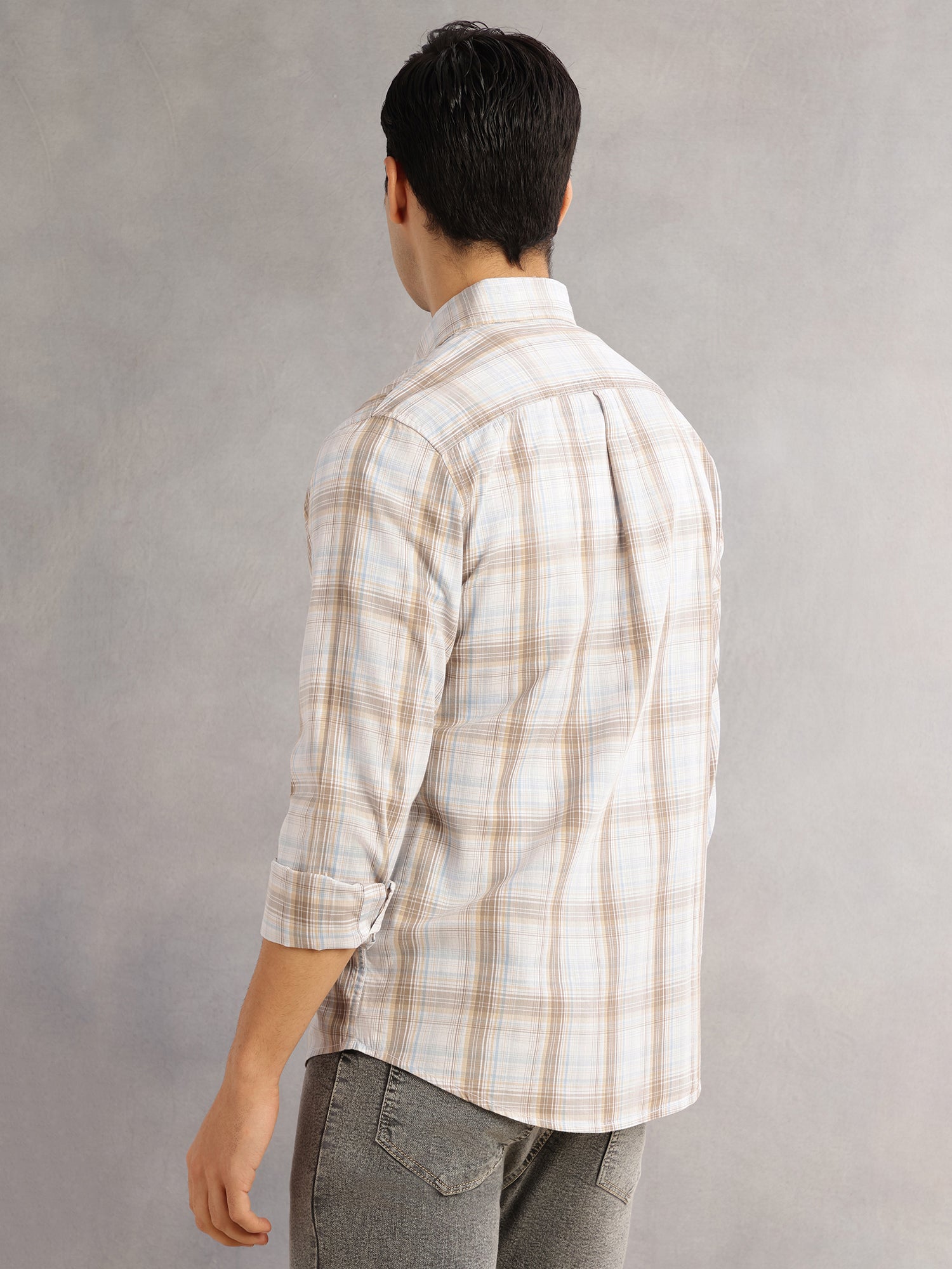 Thomas Scott Men Beige Cricket Club Slim Fit Long Sleeves Button-Down Collar Windowpane Checks 100% Cotton Casual Shirt