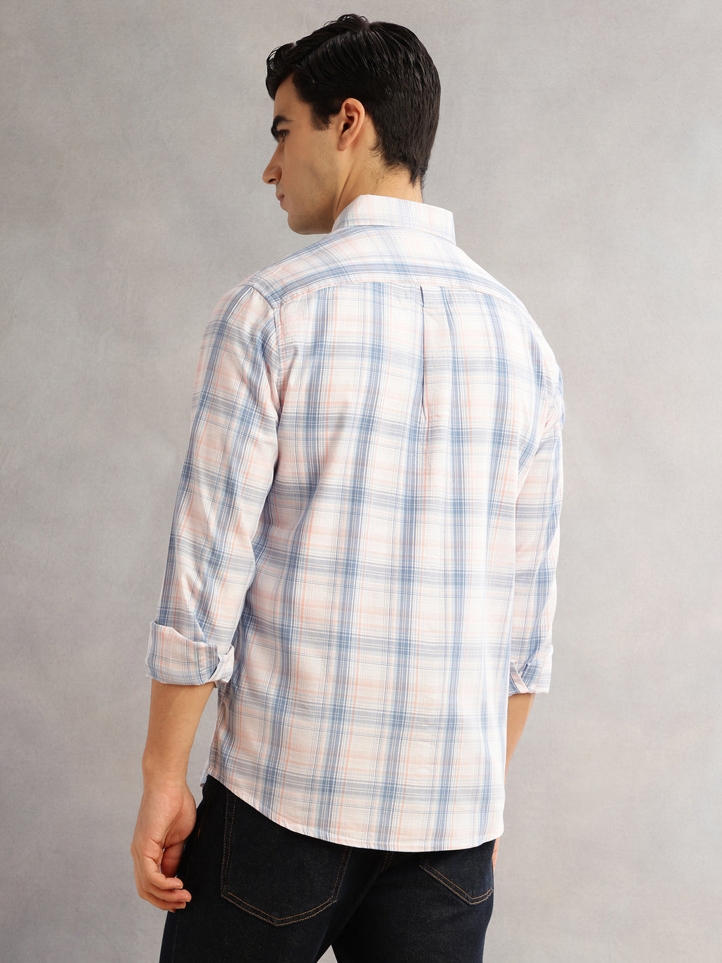 Thomas Scott Men Blue Cricket Club Slim Fit Long Sleeves Button-Down Collar Windowpane Checks 100% Cotton Casual Shirt