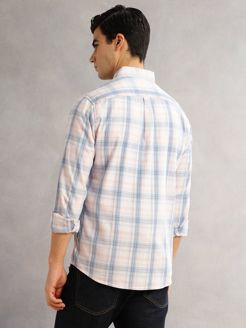 Thomas Scott Men Blue Cricket Club Slim Fit Long Sleeves Button-Down Collar Windowpane Checks 100% Cotton Casual Shirt