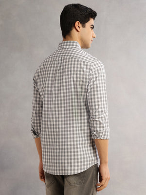 Thomas Scott Men Grey Cricket Club Slim Fit Long Sleeves Button-Down Collar Gingham Checks 100% Cotton Casual Shirt