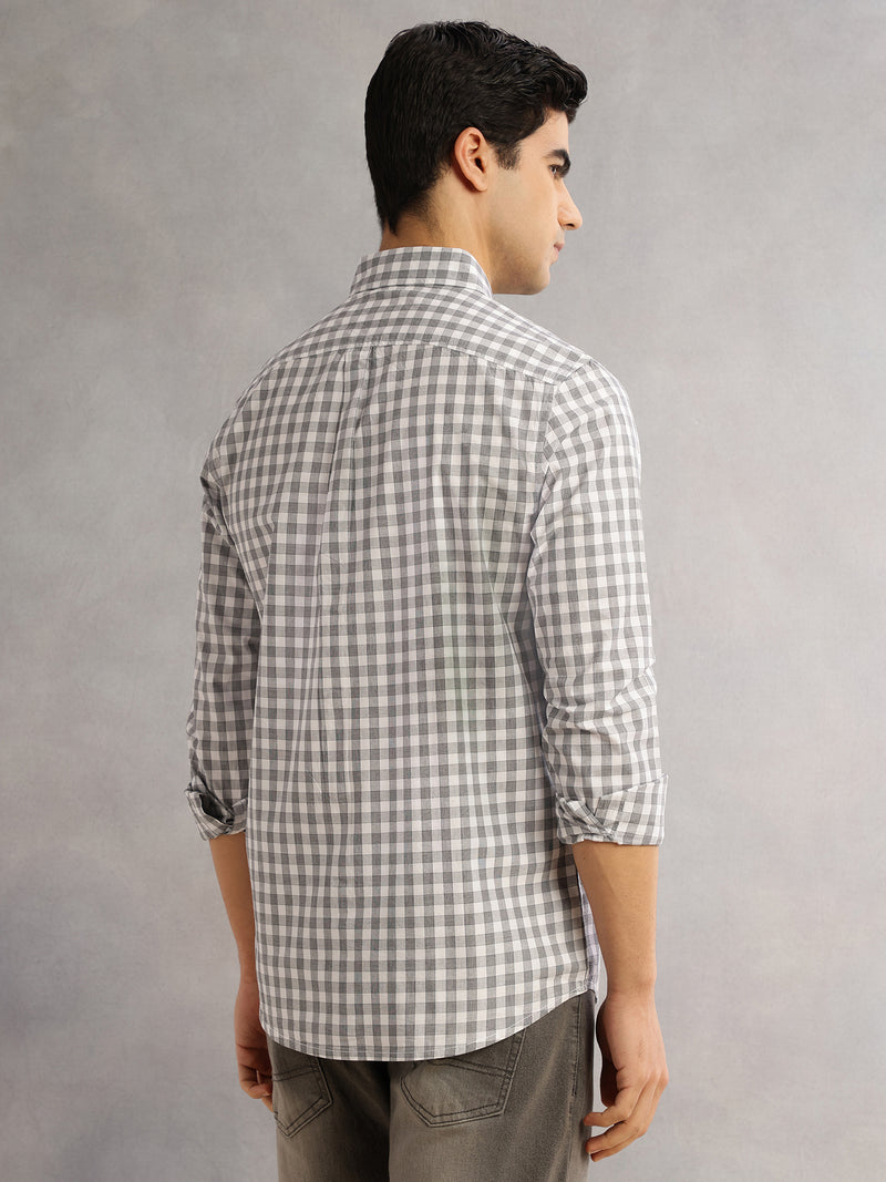 Thomas Scott Men Grey Cricket Club Slim Fit Long Sleeves Button-Down Collar Gingham Checks 100% Cotton Casual Shirt