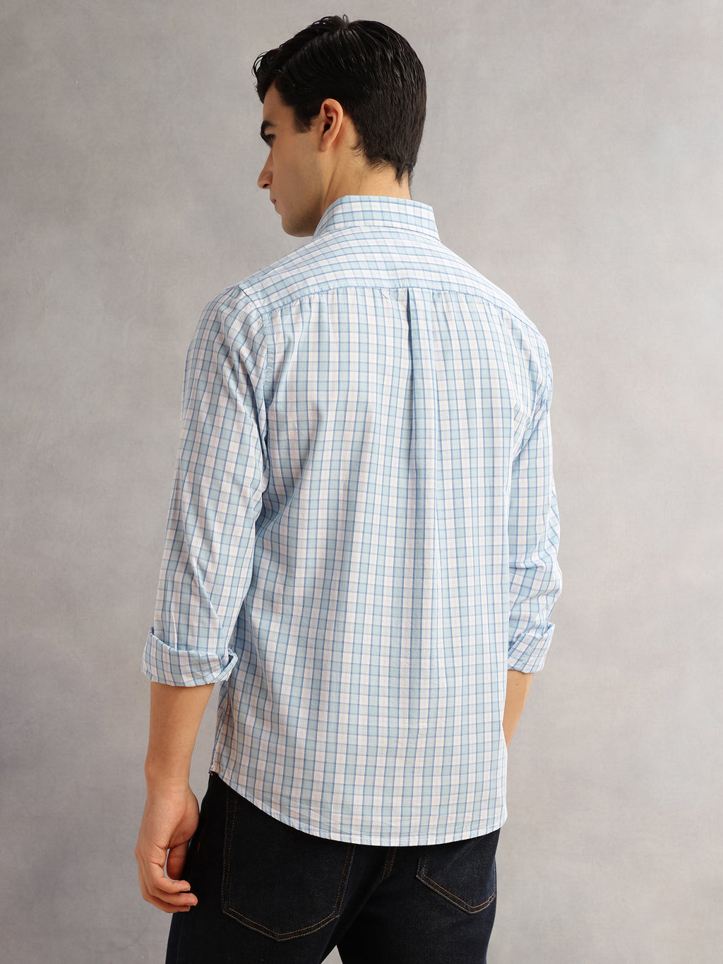 Thomas Scott Men Aqua Cricket Club Slim Fit Long Sleeves Button-Down Collar Gingham Checks 100% Cotton Casual Shirt