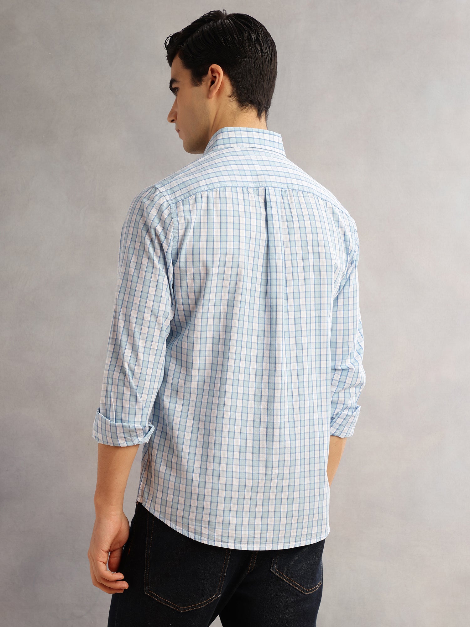 Thomas Scott Men Aqua Cricket Club Slim Fit Long Sleeves Button-Down Collar Gingham Checks 100% Cotton Casual Shirt