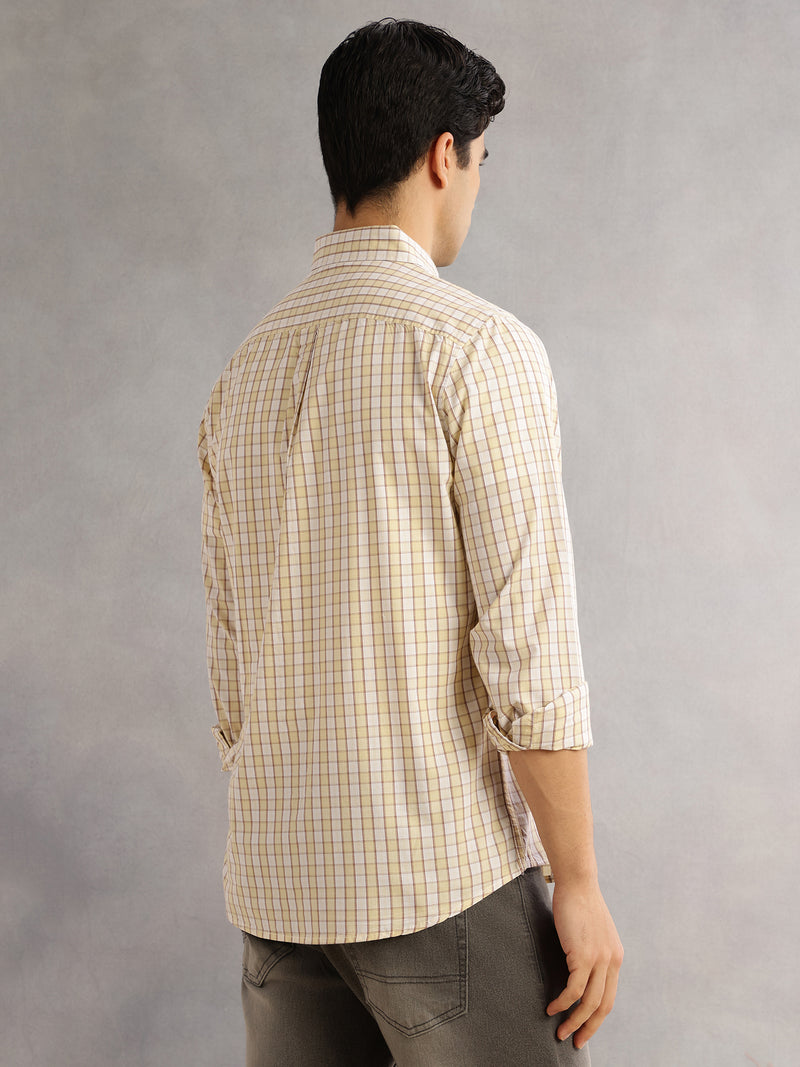 Thomas Scott Men Mustard Cricket Club Slim Fit Long Sleeves Button-Down Collar Gingham Checks 100% Cotton Casual Shirt