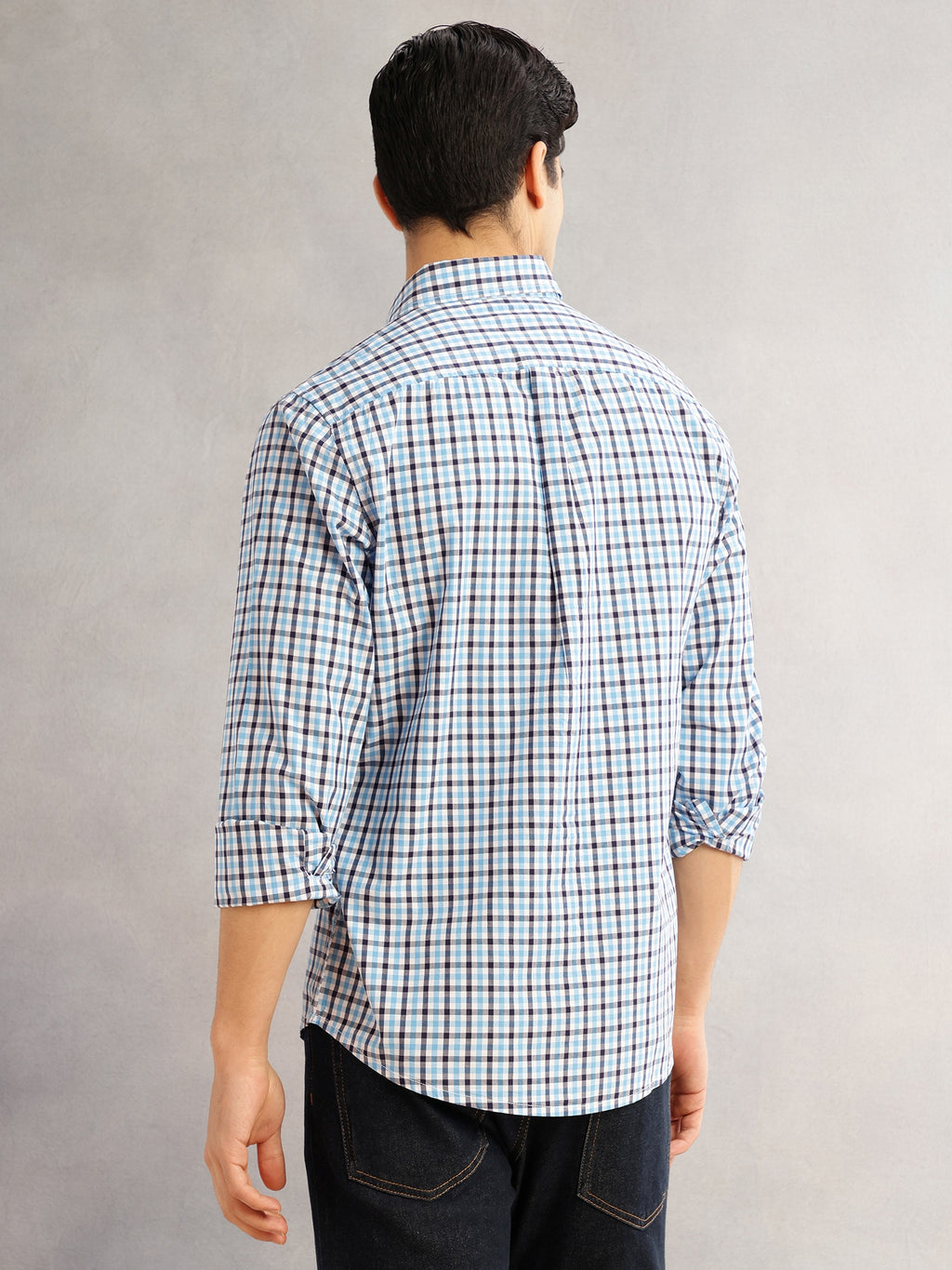 Thomas Scott Men Blue Cricket Club Slim Fit Long Sleeves Button-Down Collar Tartan Checks 100% Cotton Casual Shirt