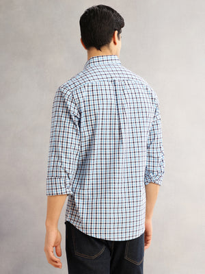 Thomas Scott Men Blue Cricket Club Slim Fit Long Sleeves Button-Down Collar Tartan Checks 100% Cotton Casual Shirt