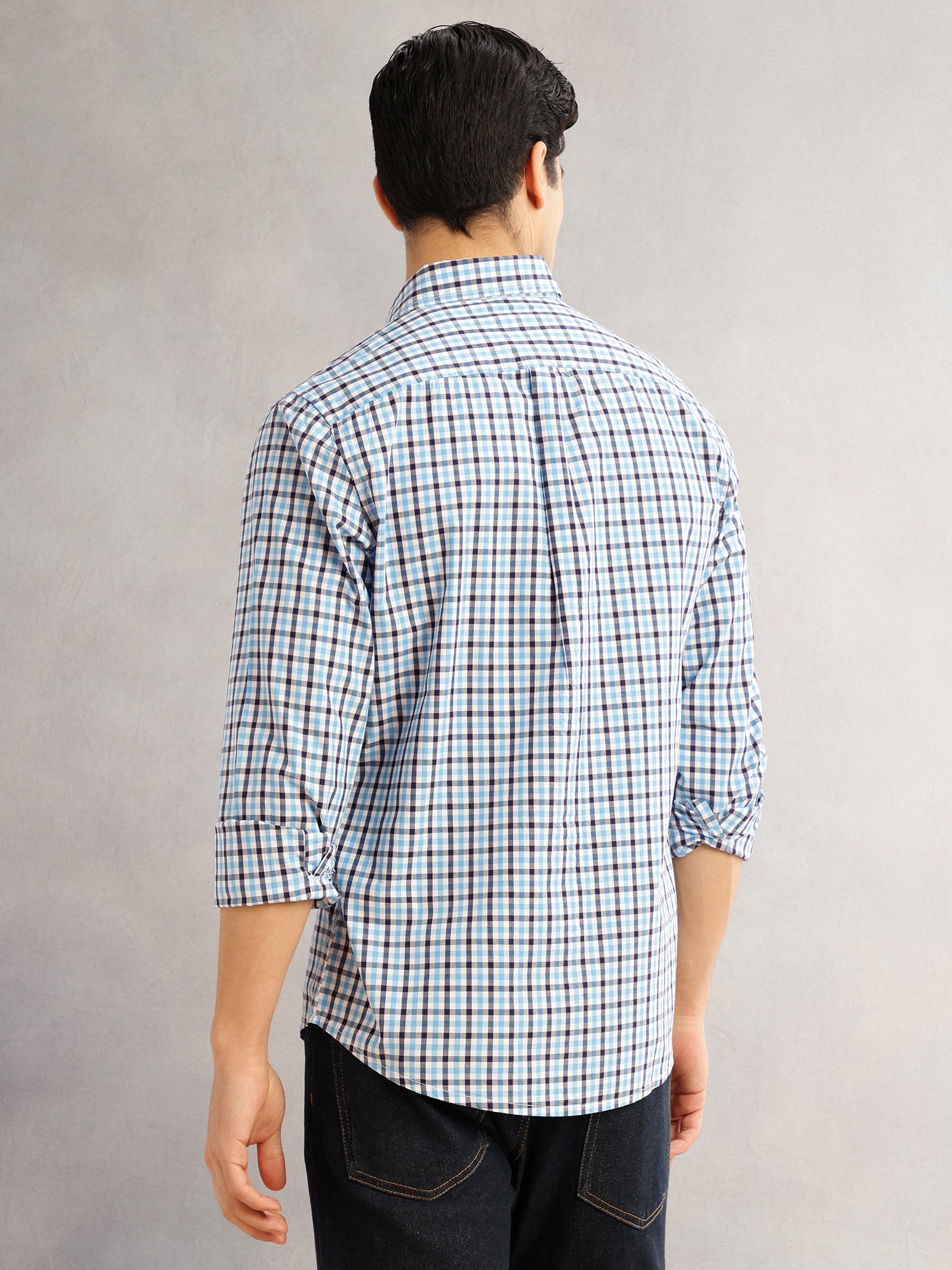 Thomas Scott Men Blue Cricket Club Slim Fit Long Sleeves Button-Down Collar Tartan Checks 100% Cotton Casual Shirt